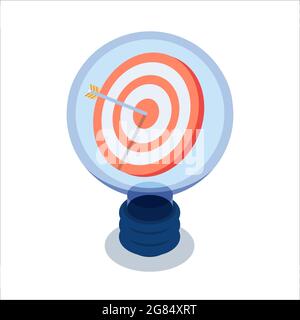 Flat 3d Isometric Target with Arrow in The Center Inside Light Bulb. Business Target and Idea Concept. Stock Vector