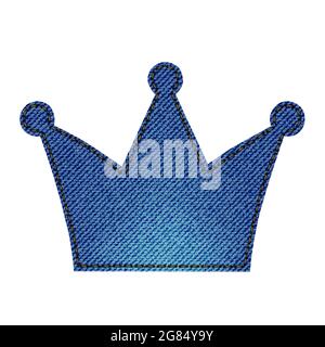 Denim patch in the shape of a crown. Light blue denim. Textile texture modern label. Vector realistic illustration. EPS10 Stock Vector