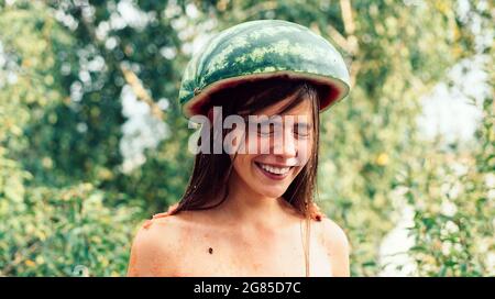 Funny Kitchen. Crazy teenager. Bye summer. Hello autumn. Funny face. Crazy people. Happy people having fun. Surprised woman. Funny advertising. Stock Photo