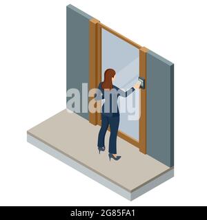 Wireless door lock vector icon, smart lock system. Isometric woman holding a key card to lock and unlock door. Stock Vector