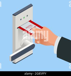Access control and management system for hotels. Isometric wireless door lock with proximity card in hand. Stock Vector