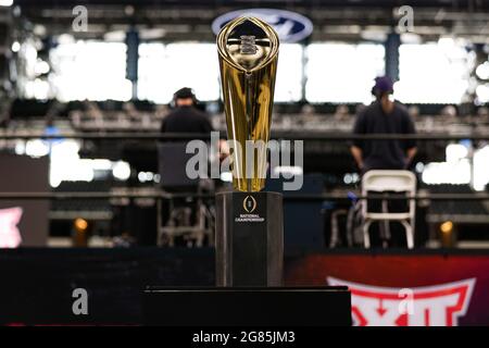 The College Football National Championship Trophy is displayed during Big 12 Conference media day, Wednesday, July 14, 2021, in Arlington, TX. (Mario Stock Photo