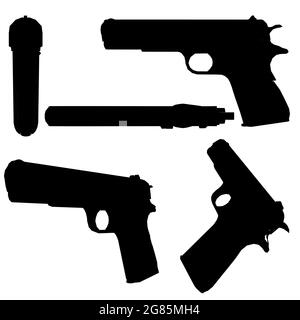 Set with a silhouette of a pistol in various positions isolated on a white background. Vector illustration. Stock Vector