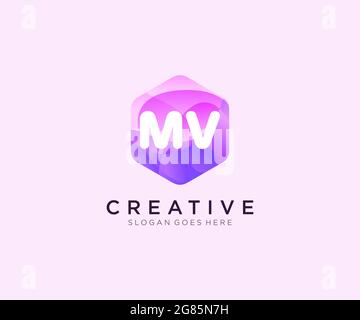 MV initial logo With Colorful Hexagon Modern Business Alphabet Logo template Stock Vector