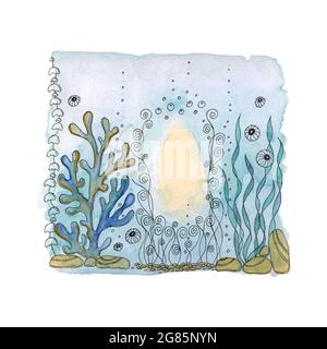 Aquarium . Marine background watercolor. For backdrop banner packaging wallpaper label. For your design. vector illustration. Stock Vector