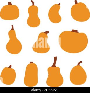 Pumpkin squash cartoon set for Thanksgiving or Halloween holidays design. Orange autumn pumpkins for festive lamps, sticker, decoration, page, web. Is Stock Vector