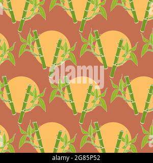 Pattern bamboo and sun on a red background, doodling, contour hand drawing, seamless. Vector illustration Stock Vector