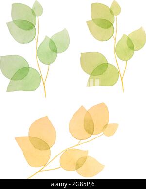 Set of branches with watercolor leaves, spring or autumn leaves, isolated elements, for background, banner, postcard. Vector illustration Stock Vector