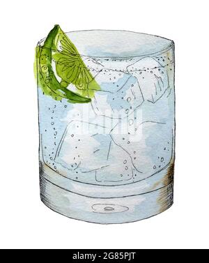 Gin and tonic cocktail. Vector drink, watercolor, hand drawing, sketch. Isolated on white background. Vector illustration Stock Vector