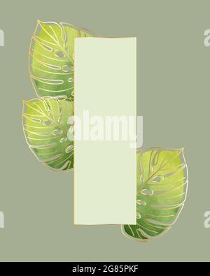 Postcard background backdrop with monstera leaves, with watercolors, green and yellow, frame, gold gradient. Vector illustration Stock Vector