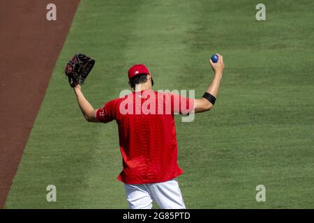 Anaheim, USA. 17th July, 2021. Shohei Ohtani warms up before the game against the Seattle Mariners at Angel Stadium in Anaheim on Friday, July 16, 2021. Photo by Michael Goulding/UPI Credit: UPI/Alamy Live News Stock Photo