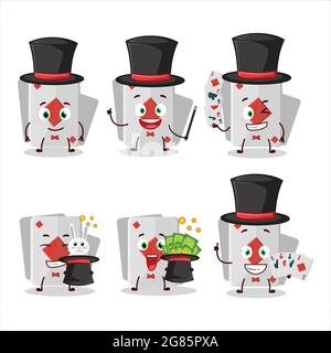 A remi card diamond Magician cartoon character perform on a stage. Vector illustration Stock Vector