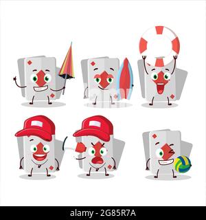 Happy Face remi card diamond cartoon character playing on a beach. Vector illustration Stock Vector