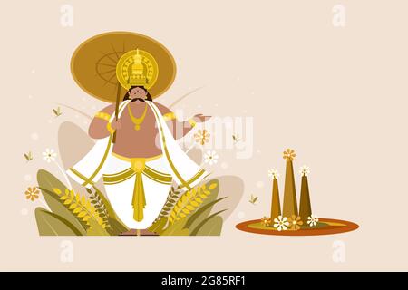 Illustration of King Mahabali holding umbrella with Onam floral designs. Onam is a harvest festival in Kerala, India Stock Vector