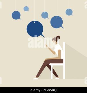 A person siting on chair with speech bubbles hanging on strings Stock Vector