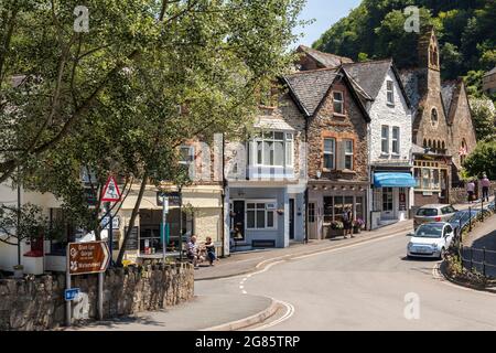 Watersmeet Road with its architecture and shops, Lynton and Lynmouth, Exmoor National Park, North Devon, England, UK Stock Photo