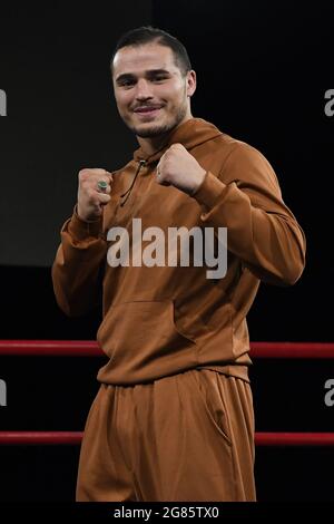 Ladispoli, Italy. 16th July, 2021. Mondongo vs Callea WBC Mediterranean Super Bantamweight Title during Match Boxe on July 16, 2021 at Stadio Angelo Sale in Ladispoli, Italy/LiveMedia Credit: Independent Photo Agency/Alamy Live News Stock Photo