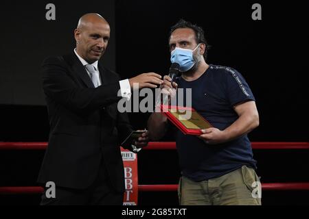 Ladispoli, Italy. 16th July, 2021. Mondongo vs Callea WBC Mediterranean Super Bantamweight Title during Match Boxe on July 16, 2021 at Stadio Angelo Sale in Ladispoli, Italy/LiveMedia Credit: Independent Photo Agency/Alamy Live News Stock Photo