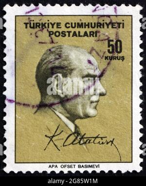 TURKEY - CIRCA 1965: a stamp printed in the Turkey shows Mustafa Kemal Ataturk, the First President of Turkey, Father of the Turks, circa 1965 Stock Photo