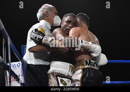 Ladispoli, Italy. 16th July, 2021. Christopher Mondongo (Italy) vs Marvin Callea (France) during the WBC Mediterranean Super Bantamweight Title Fights of Italy on July 16, 2021 at Stadio Angelo Sale in Ladispoli, Italy/LiveMedia Credit: Independent Photo Agency/Alamy Live News Stock Photo
