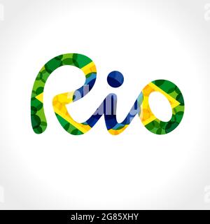 Welcome to Rio logo idea. Brazilian flag elements with modern bubble texture. National background creative concept. Isolated abstract graphic design t Stock Vector