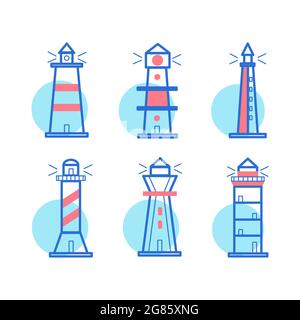 Lighthouse icons set. Set of vector lighthouse icons for design, marine theme, blue color, isolated on white background. Vector illustration Stock Vector