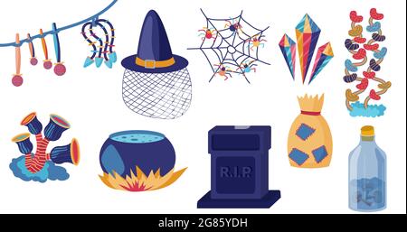 Witch items in cartoon style. spooky isolated vector illustration. Halloween objects set Stock Vector