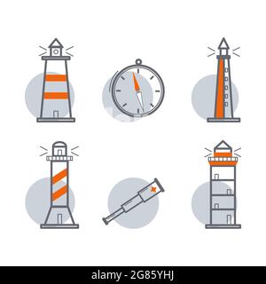 Set - icons lighthouse, compass, spyglass. Set of vector icons marine theme for design isolated on white background. Vector illustration Stock Vector