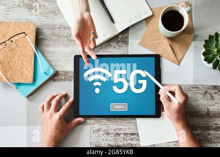 5g Fast mobile internet connection, Ne generation communication and modern technology concept. Stock Photo