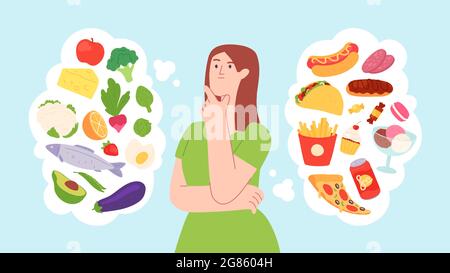 Woman on food diet. Healthy and unhealthy products balance. Character choose between fastfood and vegetable. Health lifestyle vector concept Stock Vector