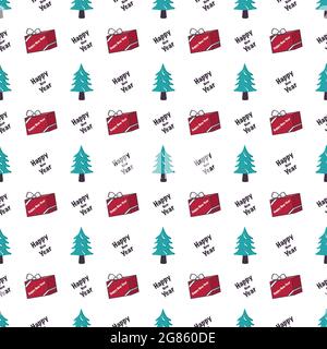Seamless pattern with Christmas tree, gift and words Stock Vector