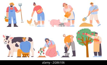 Working farmers. Agricultural worker milk cow, feed chickens and pigs, harvesting apples and planting. Cartoon farm woman and man vector set Stock Vector