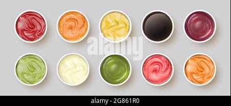 Dip sauces top view. Bowls with mayonnaise, tomato ketchup, mustard, pesto, curry and guacamole. Realistic spicy seasoning sauce vector set Stock Vector