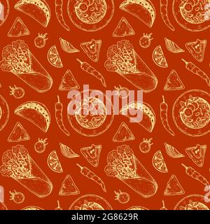 Mexican food seamless pattern with taco, nacho chips and burrito. Vector illustration in sketch style Stock Vector