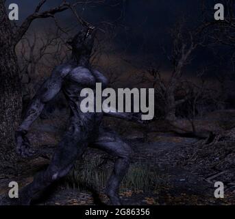 Illustration of a werewolf during the night in the creepy forest - 3d rendering Stock Photo