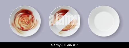 Realistic dirty dish. Process of cleaning dinner plate with dishwashing soap. 3d dishes with food leftovers and clean stripe vector template Stock Vector