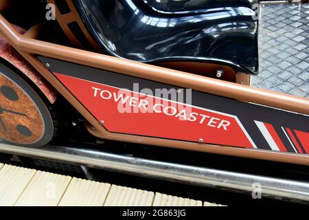 Wales, UK 02 July 2021     The new 'Tower Coaster' ride at Zipworld Tower Colliery near Hirwaun.Wales    It's the first two-seater roller coaster of i Stock Photo