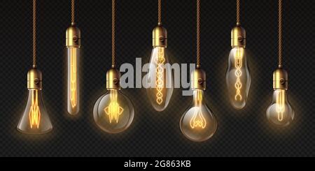 Edison light bulbs. Hanging vintage pendant copper lamps with glowing lightbulb filament. 3d decorative bulb on electricity wire vector set Stock Vector