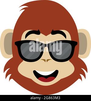 Vector emoticon illustration cartoon of a monkey´s head with a cheerful expression, wearing sunglasses Stock Vector
