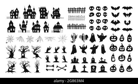 Halloween silhouettes. Spooky decorations zombie hands, scary tree, ghosts, haunted house, pumpkin faces and graveyard tombstones vector set Stock Vector