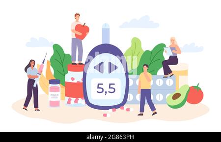 Diabetes poster with characters. Tiny people with diet food, diabetic medications and glucometers for sugar level blood test vector concept Stock Vector