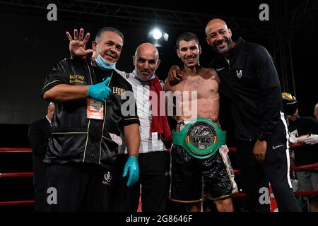Ladispoli, Italy. 17th July, 2021. Christopher Mondongo (Italy) vs Marvin Callea (France) during the WBC Mediterranean Super Bantamweight Title Fights at Stadio Angelo Sale in Ladispoli. (Photo by Domenico Cippitelli/Pacific Press) Credit: Pacific Press Media Production Corp./Alamy Live News Stock Photo