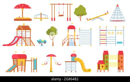 Playground equipment. Kids park carousels, swings and game modules with slides. Climbing wall and sandpit. Flat outdoor play area vector set Stock Vector