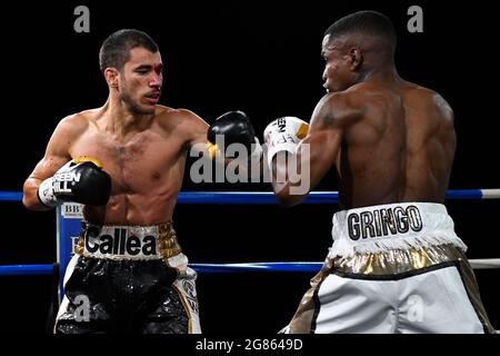 Ladispoli, Italy. 16th July, 2021. Christopher Mondongo (Italy) vs Marvin Callea (France) during the WBC Mediterranean Super Bantamweight Title Fights at Stadio Angelo Sale in Ladispoli. (Photo by Domenico Cippitelli/Pacific Press) Credit: Pacific Press Media Production Corp./Alamy Live News Stock Photo