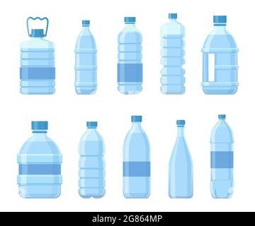 Cartoon plastic bottles with water. Drinks packages, PET containers for beverage, juice or soda. Blue packaging for mineral water vector set Stock Vector