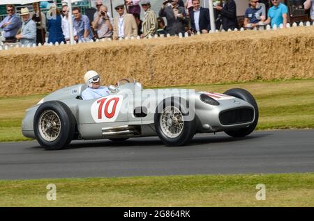 Mercedes-Benz W196 Formula One racing car produced for the 1954 and 1955 F1 seasons racing up the hill climb at the Goodwood Festival of Speed 2013 Stock Photo