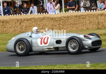 Mercedes-Benz W196 Formula One racing car produced for the 1954 and 1955 F1 seasons racing up the hill climb at the Goodwood Festival of Speed 2013 Stock Photo