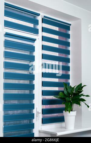 Windows with closed modern horizontal blinds indoors closeup. Window roller, duo system day and night. Beautiful blue color blinds on the window. Stock Photo