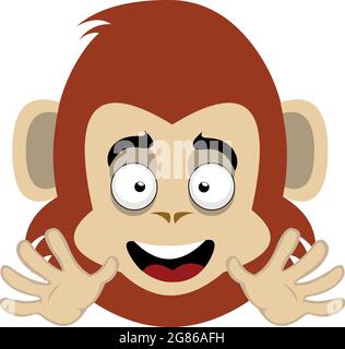 Vector emoticon illustration of the face of a cartoon monkey or chimpanzee waving with his hands Stock Vector