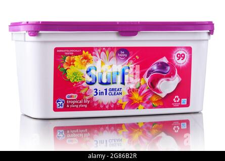 POZNAN, POL - JUN 10, 2021: A box of Surf capsule laundry detergent product, manufactured and marketed by Unilever Stock Photo